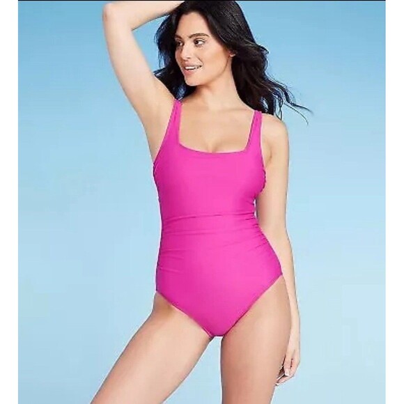 Women's Square Neck Medium Coverage One Piece Swimsuit - Shade & Shore Pink S - Picture 1 of 2